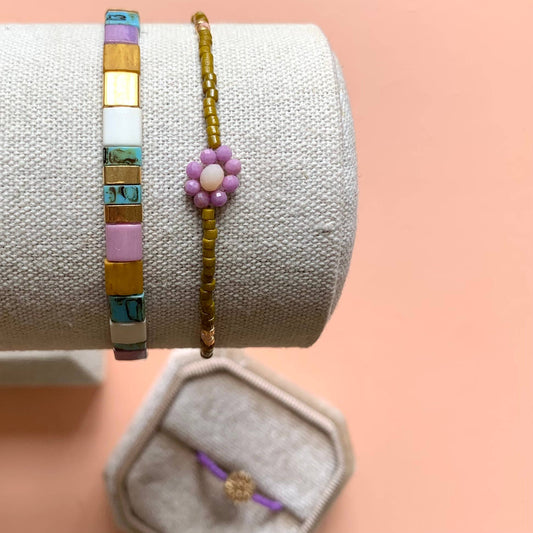 Marguerite-Armband - Olivgrün / Goldfarben
