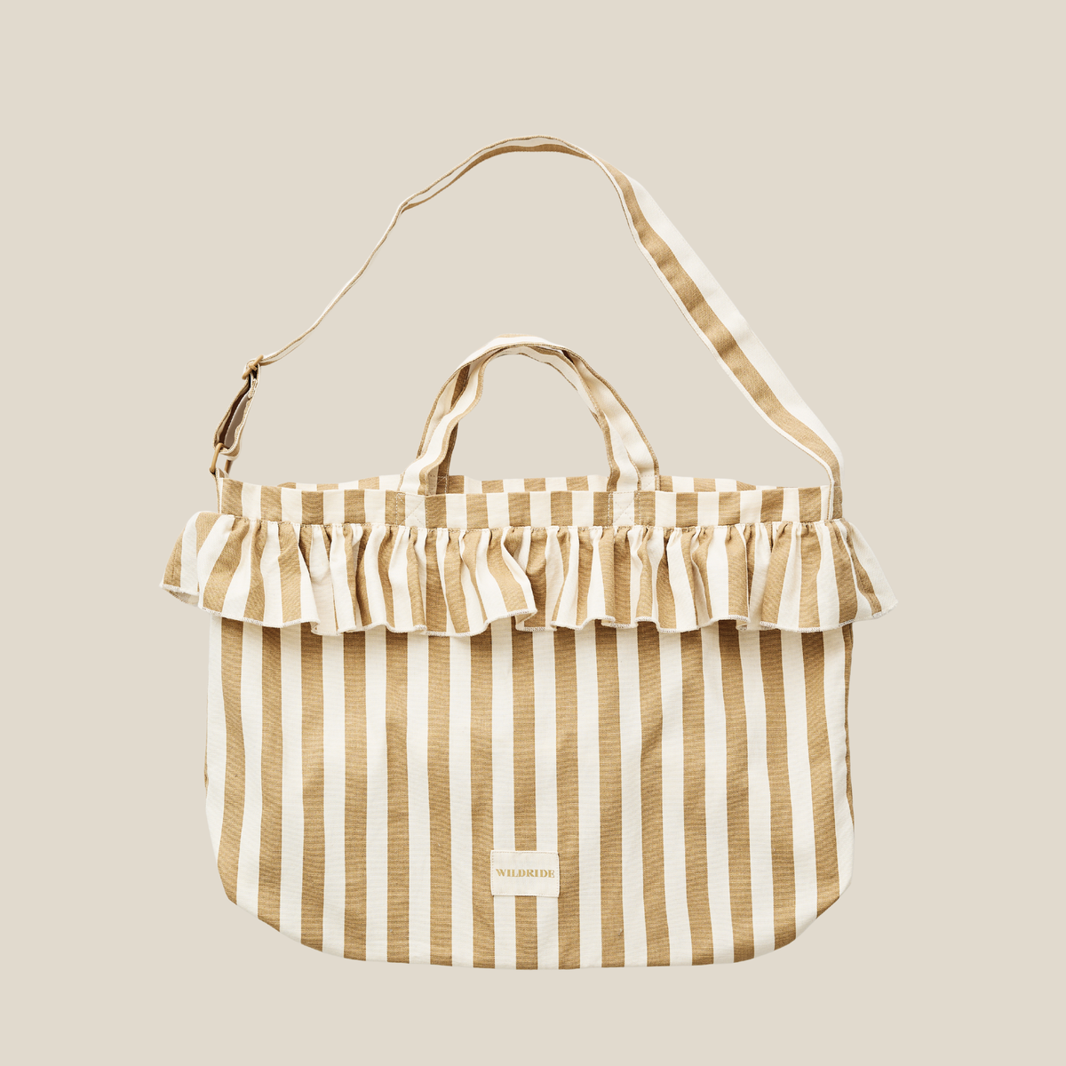 Schultertasche mit Rüschen, beige gestreift