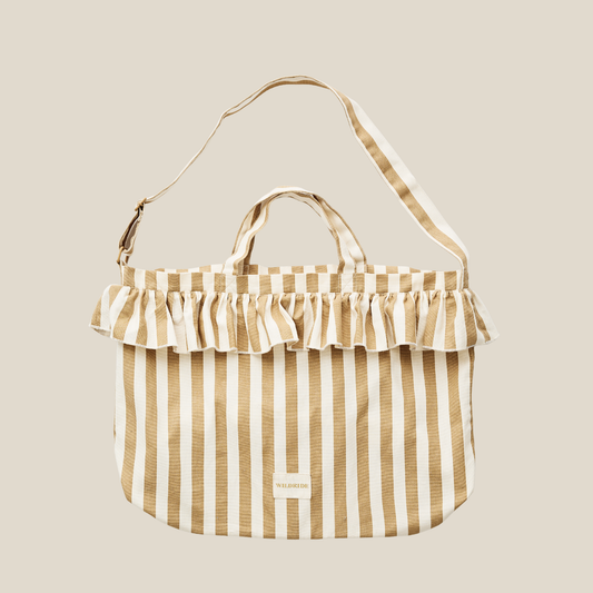 Schultertasche mit Rüschen, beige gestreift