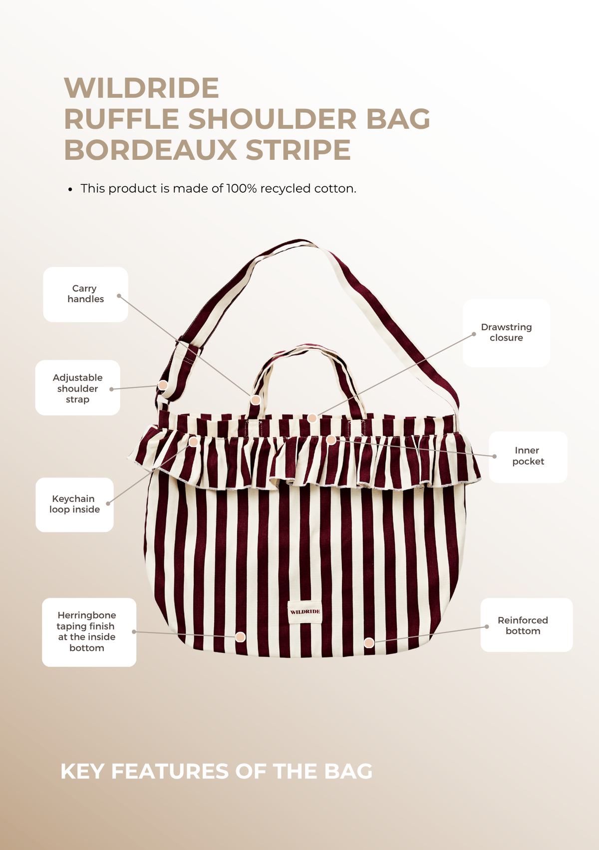 Schultertasche mit Rüschen, bordeaux-gestreift