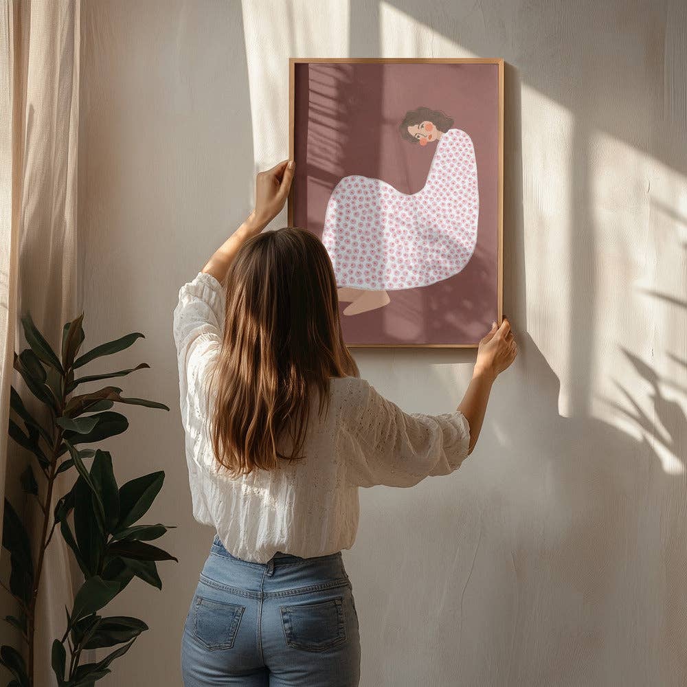 Kunstdruck: Zusammengerollte Figur im gepunkteten Kleid – naiv-malerisch
