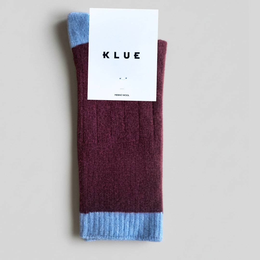 KLUE Merinowollsocken mit Streifen | Burgund und Himmelblau