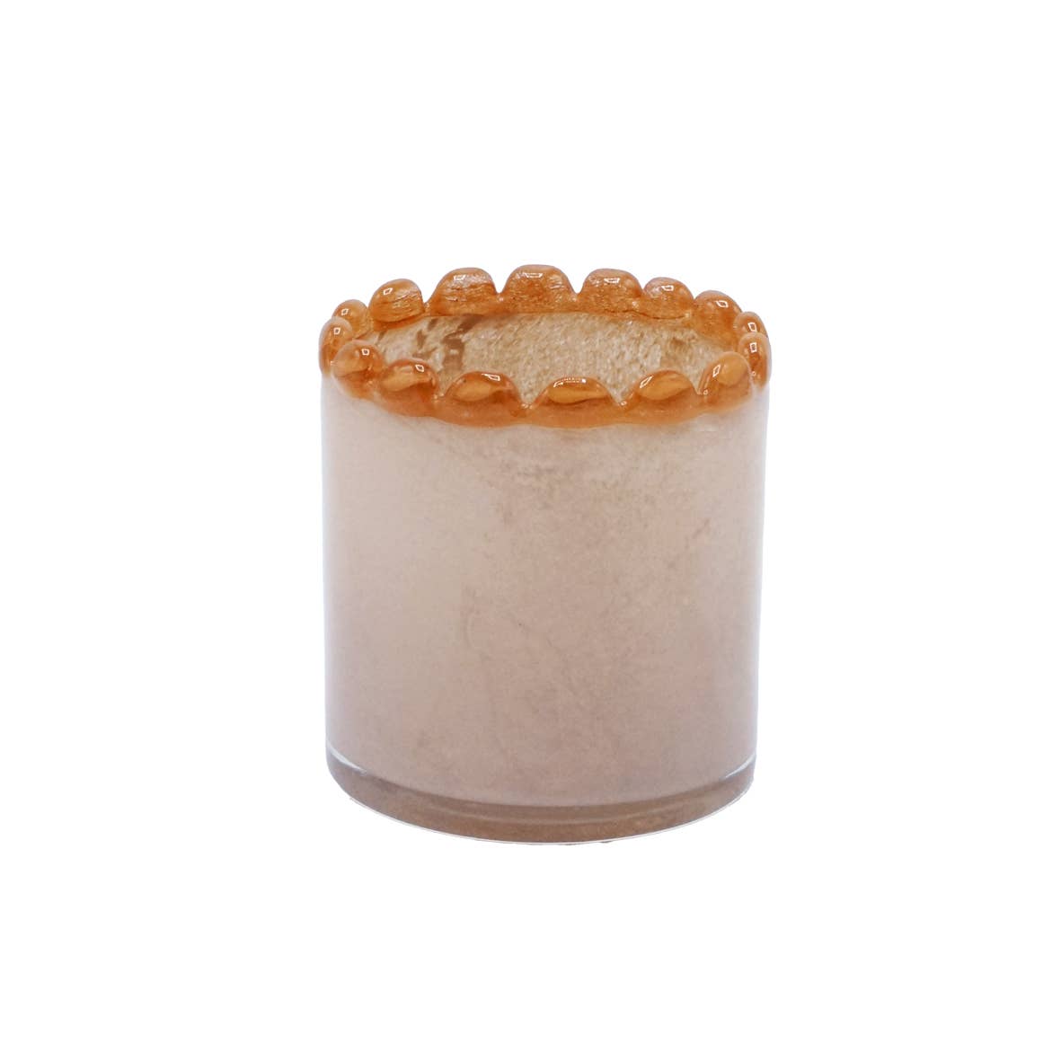 Rechter Teelichthalter aus mundgeblasenem Glas mit perliertem Rand in Beige/Mokka