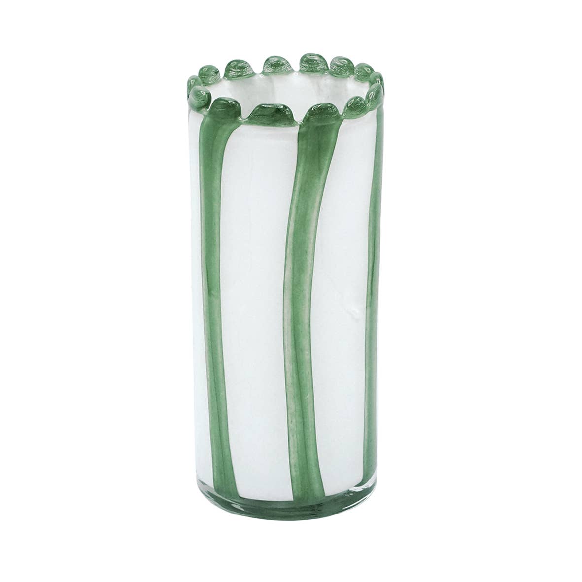 Gestreifte Vase aus mundgeblasenem Glas mit weißem Perlenrand