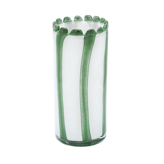 Gestreifte Vase aus mundgeblasenem Glas mit weißem Perlenrand