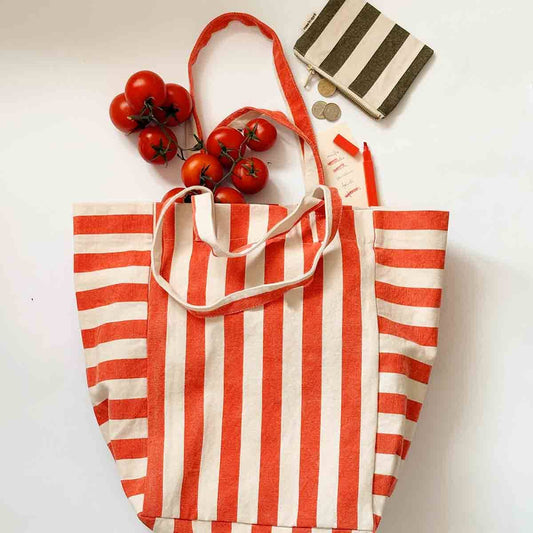 ELISABETH STREIFEN TASCHE GRAUBEIGE / TOMATE