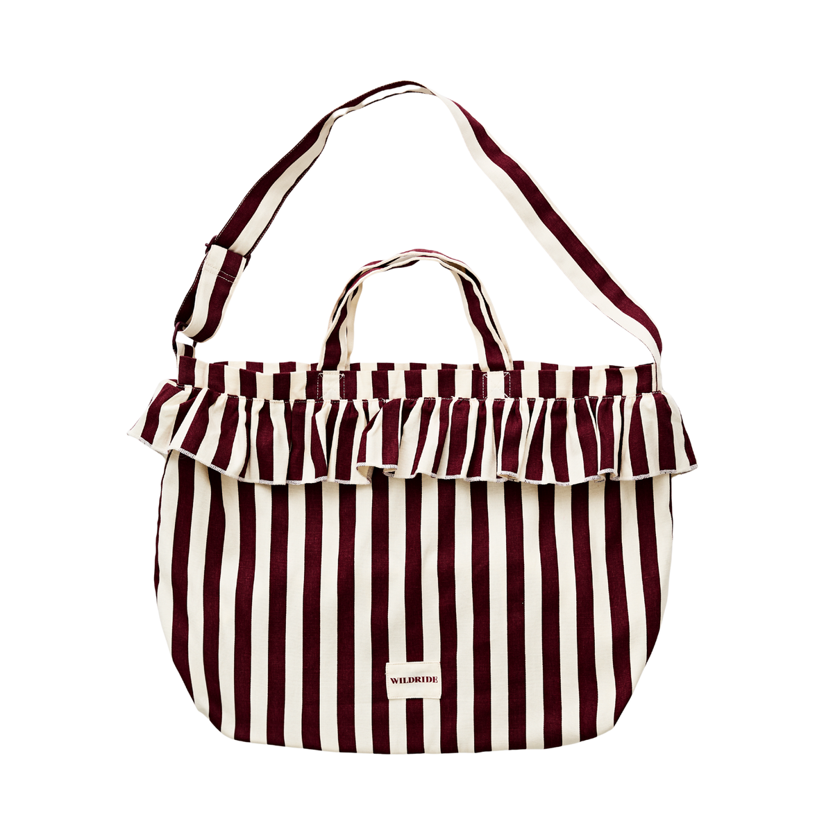 Schultertasche mit Rüschen, bordeaux-gestreift