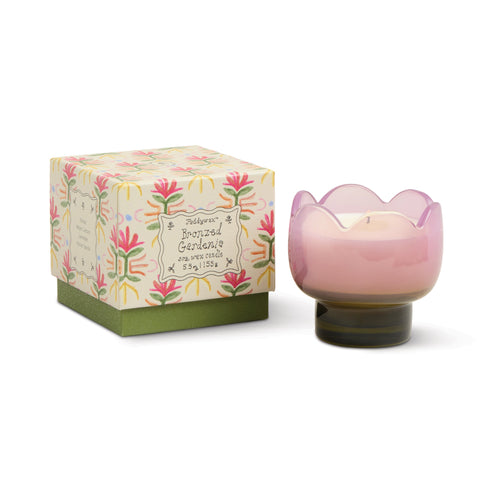 Tulpenförmige Kerze im Glas (155 g / 5,5 oz), Violett und Grün – Duftrichtung: Bronzed Gardenia