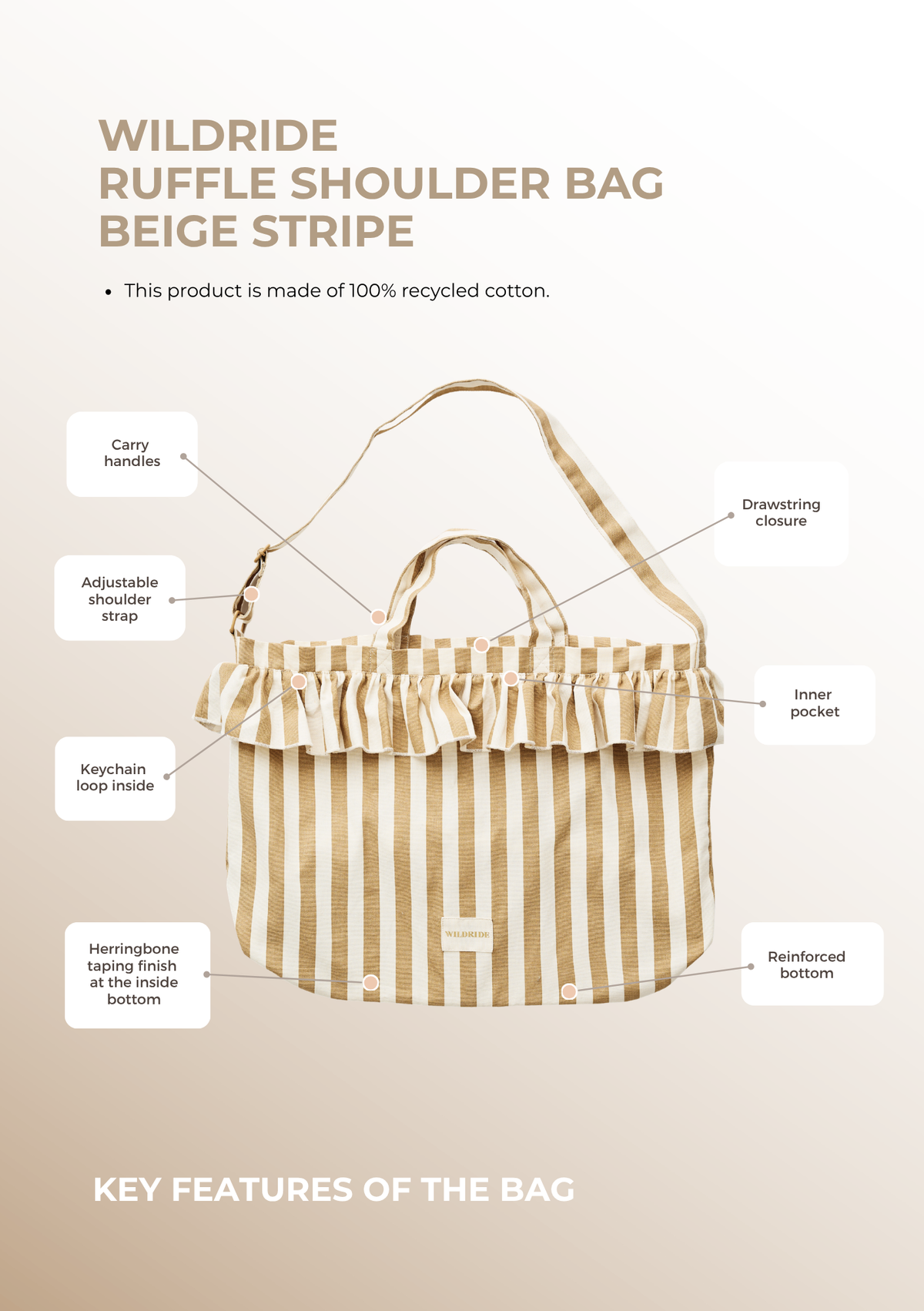 Schultertasche mit Rüschen, beige gestreift