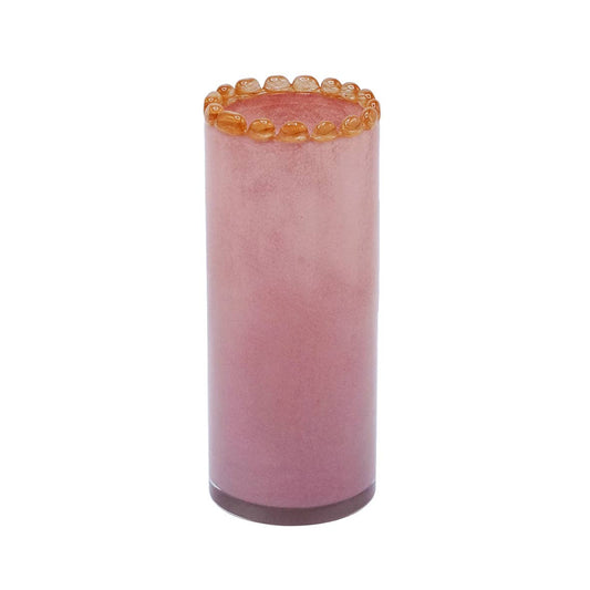 Gerade Vase aus mundgeblasenem Glas, mit Perlenrand, opalinrosa und mokka